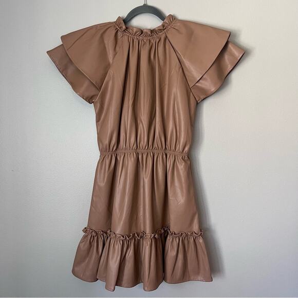 Olivia James The Label NEW Tinsley Faux Leather Tiered Ruffle Mini Dress Caramel - Picture 6 of 8